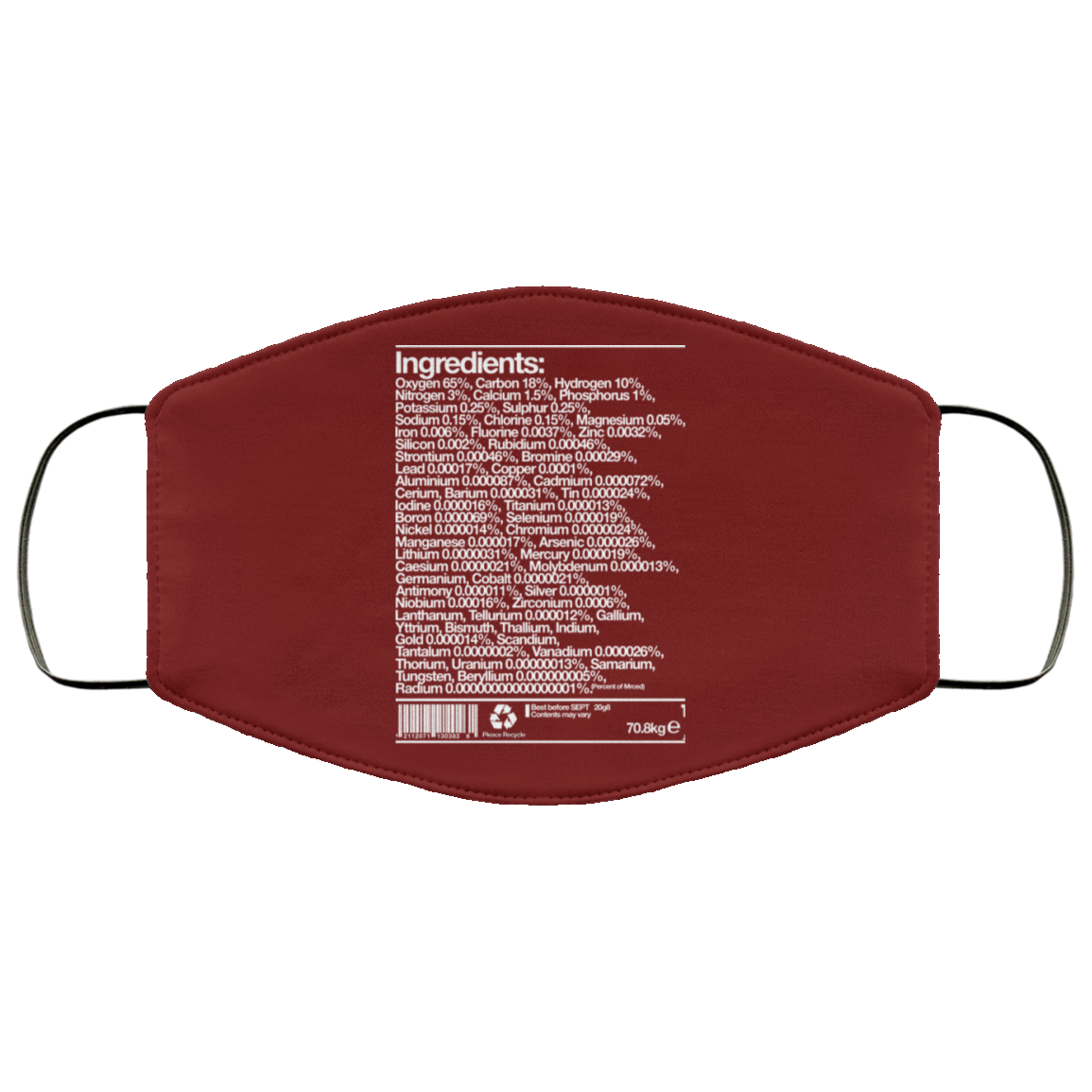 Human Ingredients Oxygen 65% Carbon 18% Hydrogen 10% Face Mask
