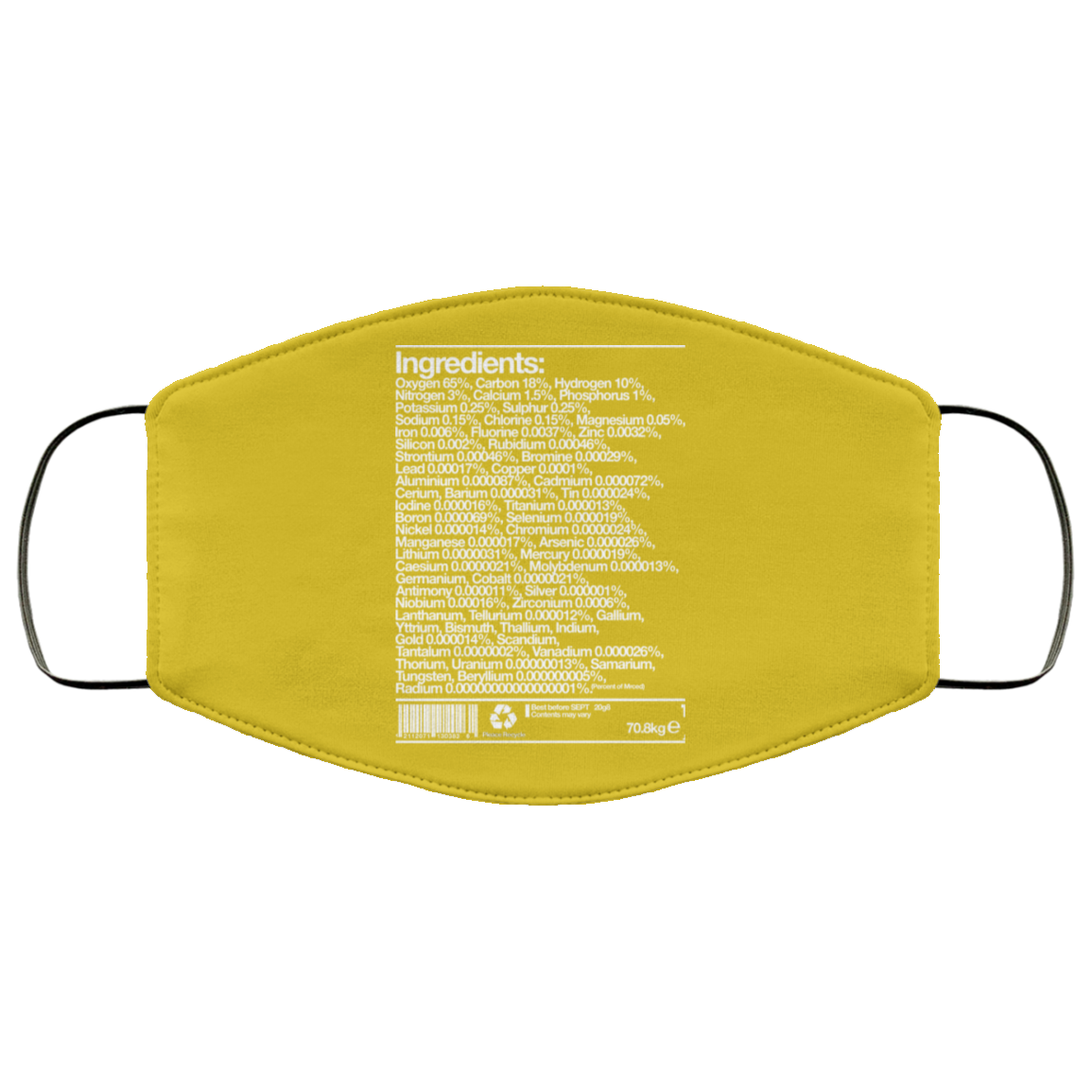 Human Ingredients Oxygen 65% Carbon 18% Hydrogen 10% Face Mask