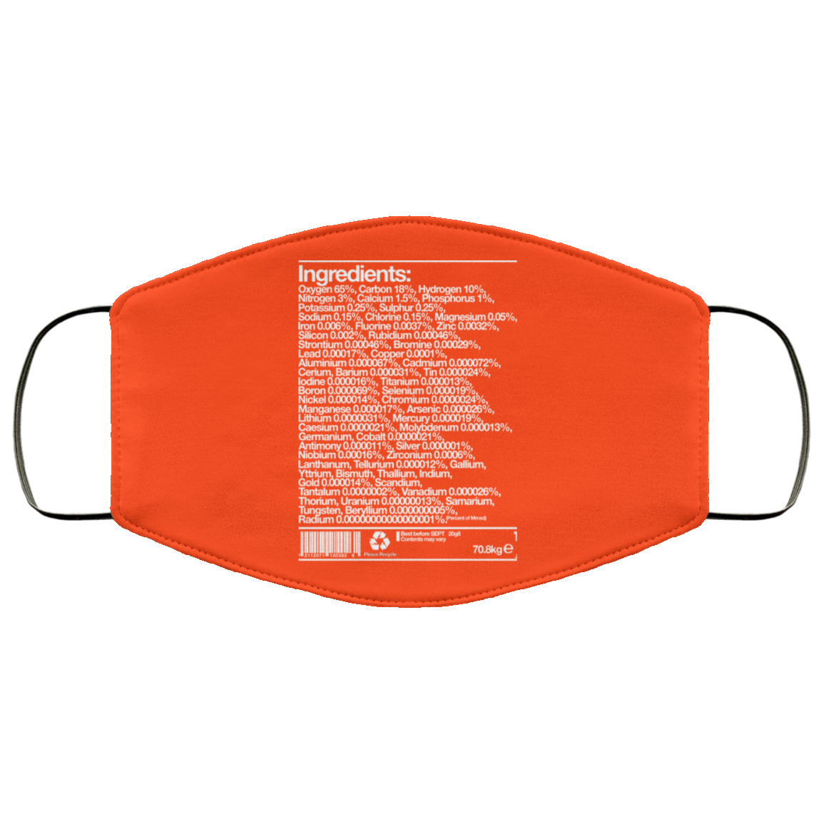 Human Ingredients Oxygen 65% Carbon 18% Hydrogen 10% Face Mask