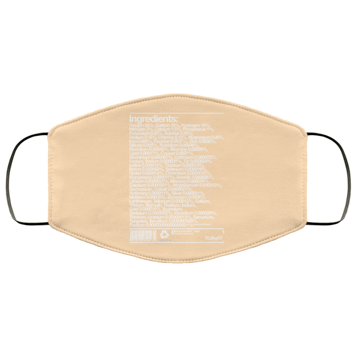 Human Ingredients Oxygen 65% Carbon 18% Hydrogen 10% Face Mask