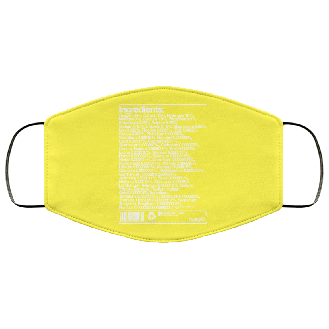 Human Ingredients Oxygen 65% Carbon 18% Hydrogen 10% Face Mask