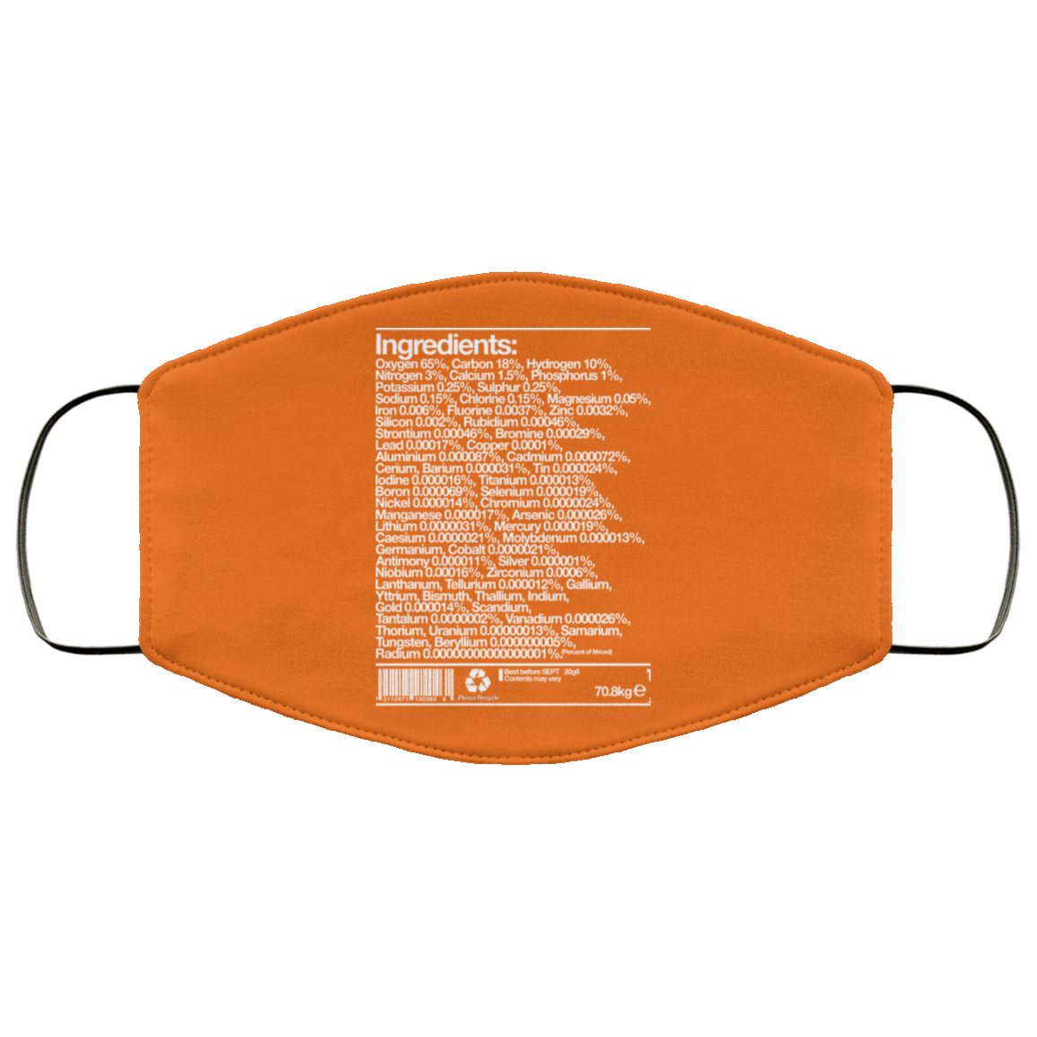 Human Ingredients Oxygen 65% Carbon 18% Hydrogen 10% Face Mask