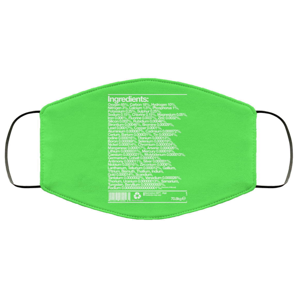 Human Ingredients Oxygen 65% Carbon 18% Hydrogen 10% Face Mask