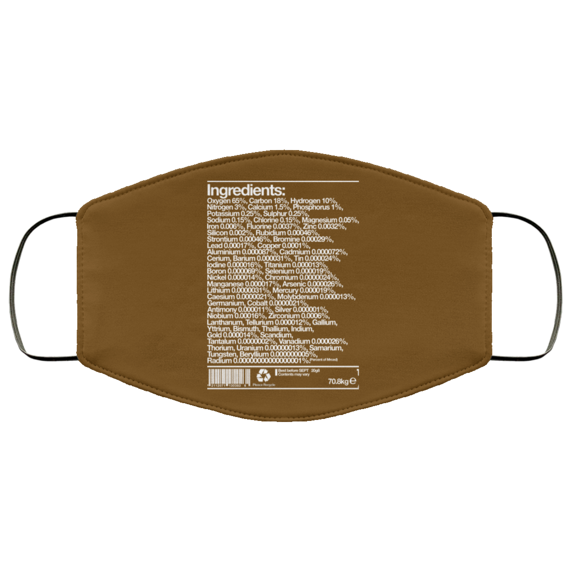 Human Ingredients Oxygen 65% Carbon 18% Hydrogen 10% Face Mask