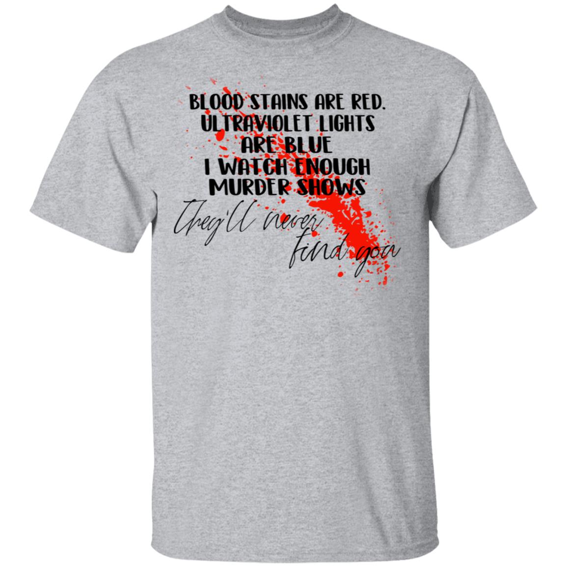 Blood Stains Are Red Ultraviolet Lights Are Blue I Watch Enough Murder Shows Shirt, Hoodie, Tank