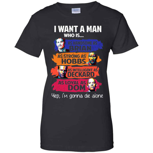
	I Want A Man Who Is As Handsome As Brian As Strong As Hobbs As Intelligent As Deckard As Loyal As Dom Shirt, Hoodie, Tank
