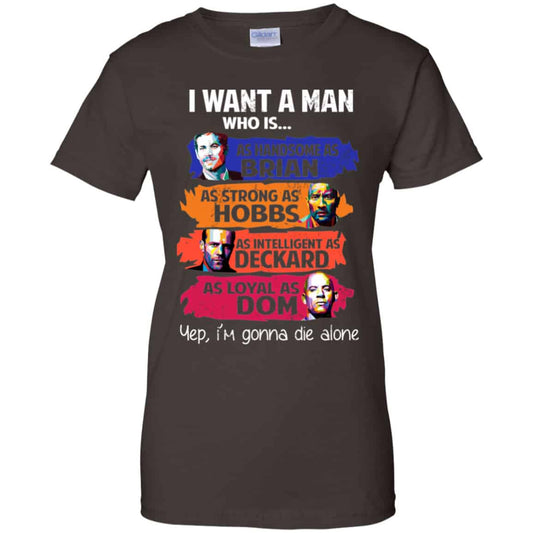 I Want A Man Who Is As Handsome As Brian As Strong As Hobbs As Intelligent As Deckard As Loyal As Dom Shirt, Hoodie, Tank