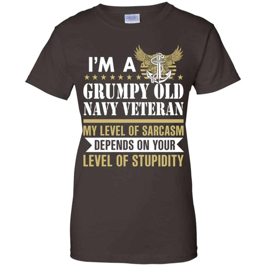 I’m A Grumpy Old Navy Veteran My Level Of Sarcasm Depends On Your Level Of Stupidity Shirt, Hoodie, Tank