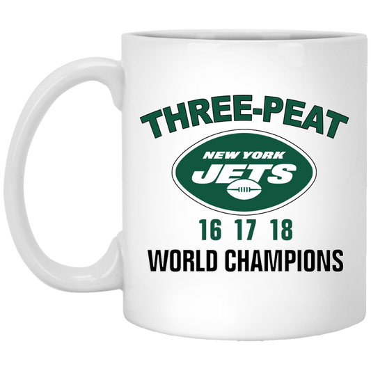 
	New York Jets Three Peat 16 17 18 World Champions Mug