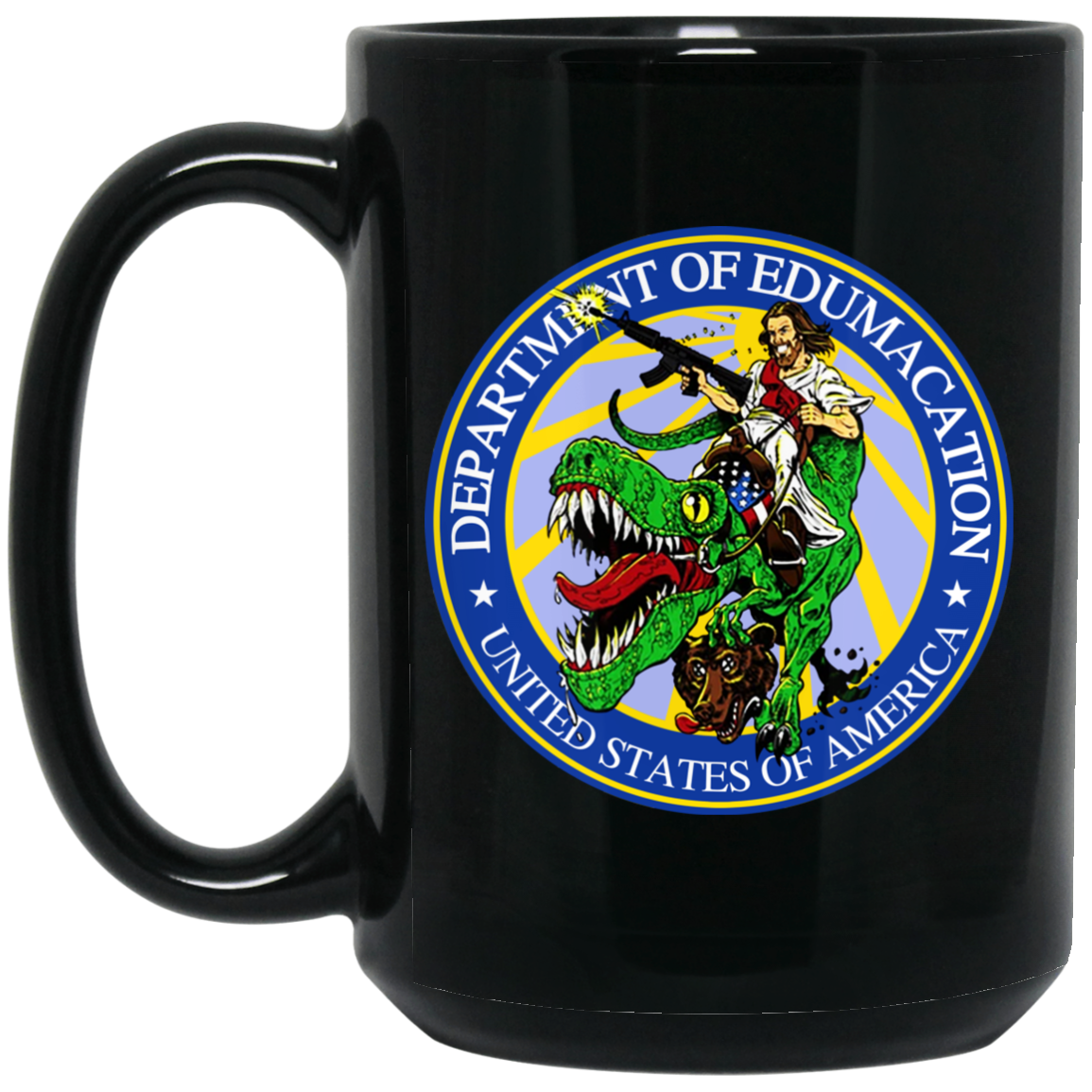 
	Department Of Edumacation United States Of America T-Rex Jesus Mug